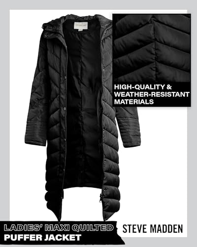 Madden Girl Womens Winter Jacket, Long Maxi Puffer Coat, Hooded Parka | Weather Resistant Full Length Warmth, Zipper and Button Closure, Cozy Insulated Hood, Zip Pockets Cold Weather Ready - color: Black, size: 1X