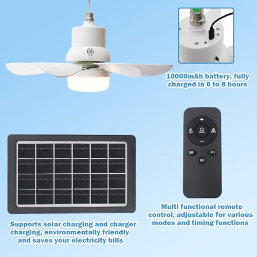 17.3in Solar Ceiling Fan Light,Small Solar Powered Rechargeable Ceiling Fan, 3 Color Light＆Remote Control, Built in 10000mah Battery for Outside Gazebo Canopy Tent, Chicken Coop,Camping