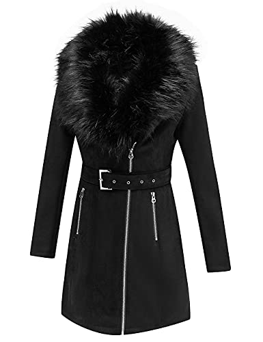 Bellivera Women's Faux Suede Leather Fleece Lined Trench Coat | Mid-length Winter Trendy Jacket Belted Sim Fit Outerwear with Detachable Faux Fur Collar - color: Black Coat, size: XX-Large
