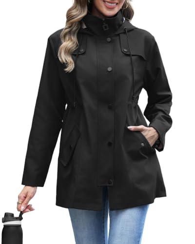 RUMIA Raincoat Women Waterproof Long Hooded Trench Coats Lined Windbreaker Jackets for Women 2026 S-2XL - color: Black, size: Large