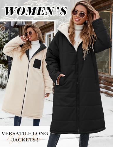 Yusongirl Women's Reversible Long Winter Puffer Coat with Hood and Fleece | Two wearable sides for winter commutes, school runs and city errands, with quilted warmth, soft fleece, a hood and pockets - color: Black, size: Small