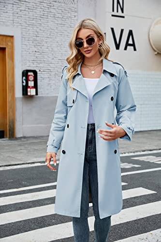Womens Long Trench Coat Double Breasted Windproof Overcoat With Belt | Classic Lapel,Fall clothing, Spring outfits, Street outwear - color: 01 Blue, size: X-Large
