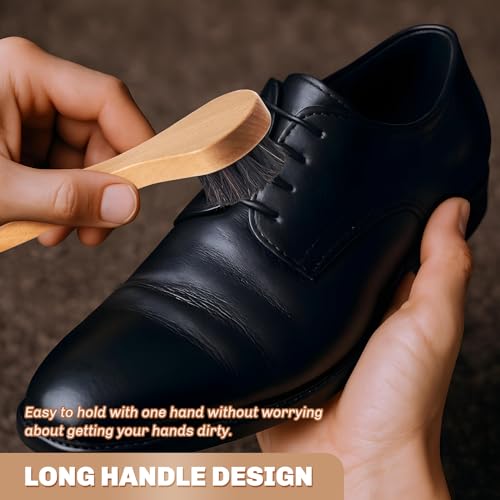 2 Pcs Horsehair Shine Shoes Brush Kit Polish Dauber Applicators Cleaning Leather Shoes Boots Care Brushes Suede Cleaner Brush(Wooden Long Handle) - style: Wooden Long Handle