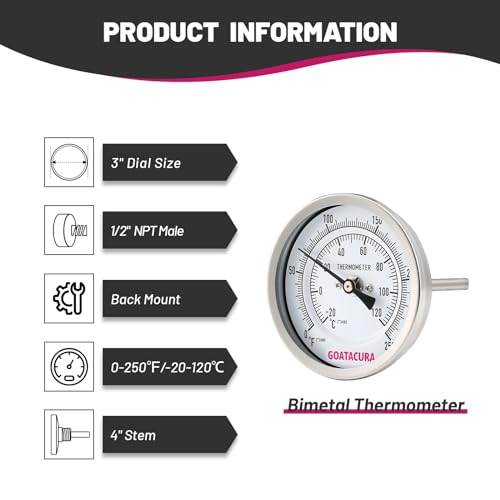 Bimetal Thermometer, Full Stainless Steel, 3" Dial Size, 4" Stem, 1/2" NPT Back Mount, 0-250 Deg F/-20-120 Deg C, 1% Accuracy - size: L=4"
