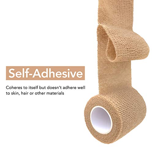 RISEN Cohesive Bandage 2” x 5 Yards, 6 Rolls, Self Adherent Wrap Medical Tape, Adhesive Flexible Breathable First Aid Gauze Ideal for Stretch Athletic - color: Tan