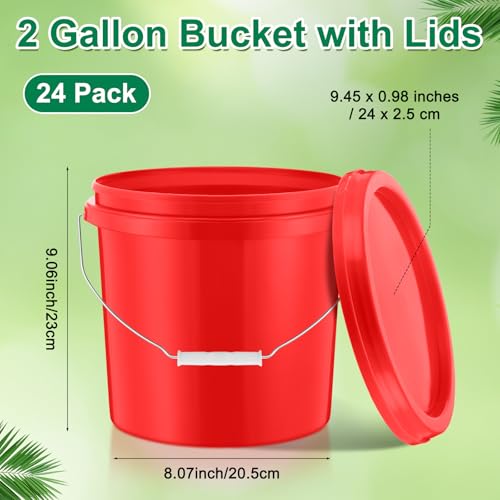Tioncy 24 Pcs 2 Gallon Plastic Buckets with Lids and Handles,Red | Storage Pails for Paint, Cleaning, Organizing, Durable Containers, Metal Handles, Plastic Material - color: Red