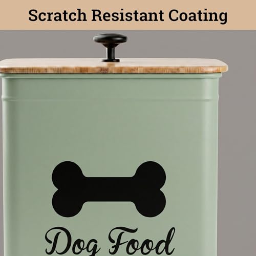 Metal Dog Food Container 5-7lb, 25 Cup w/ Airtight Bamboo Lid, Metal Handle | Pet Jar For Dogs up to 50lbs, Airtight Bamboo Lid, Sturdy Comfortable Metal Handle, Powder Coated Iron, Kibble Storage Bin - color: Sage Green: Bone