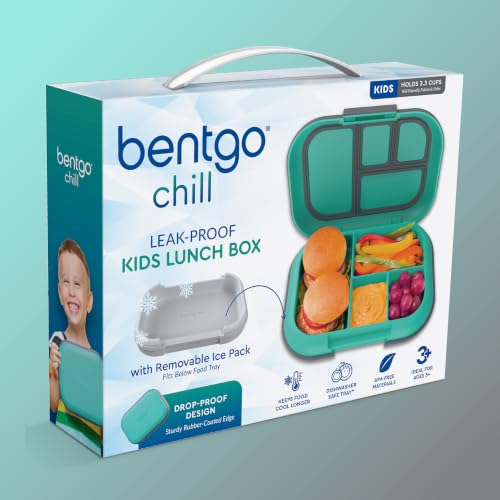 Bentgo Chill Kids 4-Compartment Bento Box Leakproof Lunch Box | Built-In Ice Pack, 3.3 Cup Capacity, BPA-Free, Microwave & Dishwasher Safe Tray, Ideal for Ages 3–7 (Electric Aqua) - color: Electric Aqua