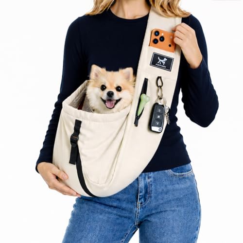 Dog Sling Carrier for Small Dogs & Cats 5-20 lbs, Adjustable Depth | Breathable Air Mesh Puppy Sling, Water-Resistant Travel Bag, Double Safety Leash, Machine Washable, Hands-Free Pouch, Apricot - color: Apricot