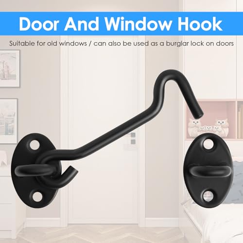 4" Stainless Steel Gate Latch Heavy Duty Hook and Eye Gate Latch Easy Lock Barn Door Lock with Mounting Screws Door Latch Door Lock Hardware for Sliding Door, Garden, Cabinet, Windows (2, Black)