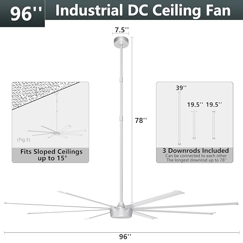 Ohniyou 96" Industrial Ceiling Fan No Light, High CFM Large Metal Fan | 8 Aluminum Blades, Remote/App Control, Quiet DC Motor for Shops, Warehouses and Gyms, Silver - color: Silver, style: No Light