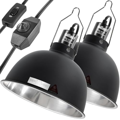 8.5 Inch Reptile Light Fixture with Dimming/Separate Switches, 2 Packs Deep Dome Lamp Cap Reflector Cover, UVB Light Heat Lamp Fixture for Reptile Glass Terrariums, Max 150W Black