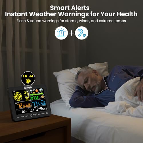 Sainlogic Wireless Indoor Outdoor Weather Station with Rain Gauge, Shows Temperature, Humidity, Barometric Pressure, Forecast, Moon Phase, and Bedroom Alarm Clock (No WiFi)