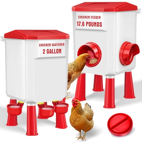 Auto No Waste Chicken Feeder and Waterer Set 2 Gallon/17.6 Pounds | Sturdy & Durable Chick Feeder and Waterer Set, Poultry Feeder Large for Hens/Ducks/Poultry