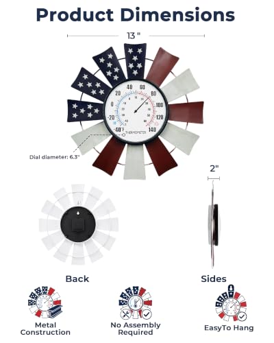 Patriotic Windmill Outdoor Thermometer, 13" Metal Wall Decor | 6.3" Easy-Read Dial, Auto-Calibrating Sensor Coil, Battery-Free Operation, -40°F to 140°F Range, Weather-Resistant