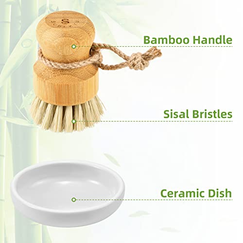 SUBEKYU Bamboo Dish Scrub Brush,Produce Brush,3 Pack with Ceramic Holder | Vegetable Brush,Natural Sisal Bristles,Kitchen Wooden Cleaning Scrubbers Set - color: Ceramics Base + 3p Sisal Brushes, size: Regular size