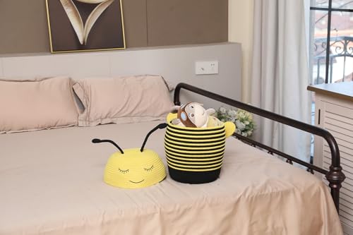 10x15 Inch Bee Basket with Lid, Handcrafted Cotton Rope Animal Storage Bin, Striped Bumble Bee Decor for Kids Bedroom Playroom, Yellow