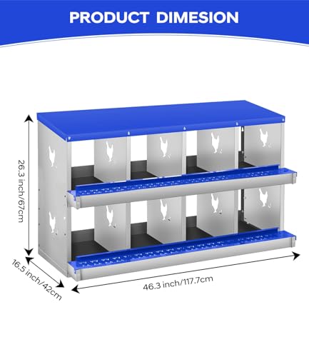 8 Compartment Chicken Nesting Boxes, Metal Roll Away Egg Laying Boxes with Removable Tray & Lid Cover, Chicken Coop Nest Box for Hens, Egg Protection Design (Without Legs) Green - color: Blue, size: 8 hole - without leg