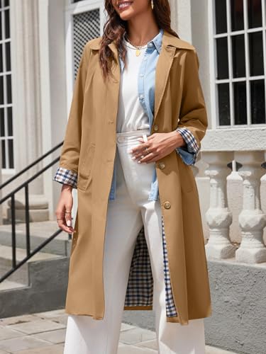Tankaneo Womens Long Oversized Single Breasted Windproof Trench Coat | Plaid Lining, Lightweight, Trendy，Button down, Fall fashion,Outerwear - color: Camel, size: Small
