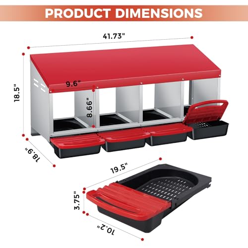 Garvee 4-Hole Roll Away Egg Collection Chicken Nesting Box | Galvanized Steel Nest Box for Laying Eggs - color: Red, size: 4 holes