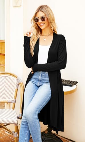 Newchoice Womens Long Cardigan Lightweight Long Sleeve Cardigan Duster | Casual Flowy Draped Classic High Low Hem Open Front Cardigan Sweater with Pockets Summer Fall Fashion Outfits - color: 01black, size: X-Large