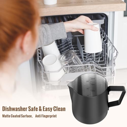 HULISEN Milk Frothing Pitcher, 6.8oz/200ml Stainless Steel Frother Cup | Small Steaming Pitcher for Espresso Machine, Latte Art Pour Cup, Measurement Markings, Dishwasher Safe, Black - size: 6.8 Ounces