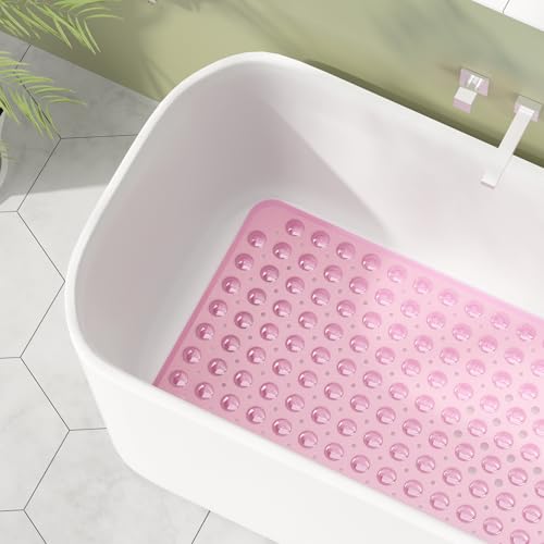 AmazerBath Shower Mat Non Slip 40 x 16 Inches, Shower Stall Mats with Suction Cups and Drain Holes, Non Slip Bath Mat for Tub for Elderly & Kids, Clear Pink - color: Clear Pink, size: 40" x 16" (Rectangular)