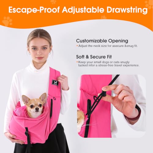 Dog Sling Carrier for Small Dogs & Cats 5-20 lbs, Adjustable Depth | Breathable Air Mesh Puppy Sling, Water-Resistant Travel Bag, Double Safety Leash, Machine Washable, Hands-Free Pouch, Fuchsia - color: Fuchsia