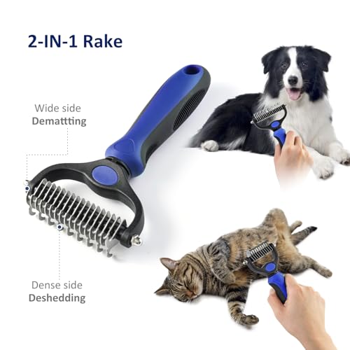 WePet Grooming Rake for Dogs & Cats, Double-Sided Deshedding Brush, Extra-Wide Dematting Tool, Slicker Comb for Undercoat & Loose Hair Removal, Reduces Shedding by 95%, Blue, Large - color: Blue, size: Large