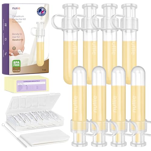 Nuliie 8pcs Colostrum Collector Kit, 7ml, Leakproof, Reusable, BPA-Free | Breast Milk Collector, Heat & Freezer Resistant, Cotton Cloth Wipe, Storage Case, Cleaning Brush, Ready-to-Use for Newborns - size: 8 Count