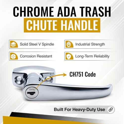 Trash Chute ADA L Handle - Universal Fit for Laundry and Linen Doors with V Spindle for Bottom & Side hinged Doors. Handicap Approved Universal Locking Chrome Knob Hardware Parts