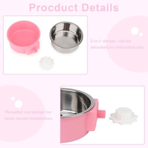 Dog Crate Water Bowl No Spill Removable Hanging Bowls, Pink | Stainless steel + plastic 2-in-1, twist-lock easy install, detachable easy clean, for small dogs/cats/rabbits/guinea pigs - color: Pink