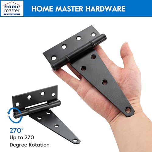 HOME MASTER HARDWARE 6" Heavy Duty Gate Hinges, 4 Pack T Strap Hinges | Stainless Steel T Hinges for Wooden Fences, Shed, Barns, Rotate 270 Degrees, 48LBS Capacity, Included Screws, Black Finish - color: Black, size: 6" - 4pack