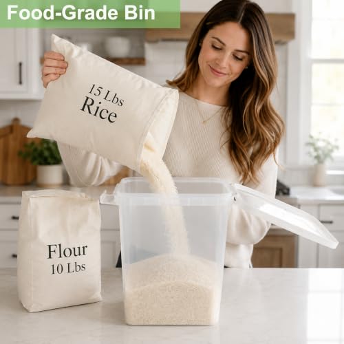Rice Storage Container 10-15 Lbs, Airtight Flour Dry Food Bin with Scoop | Tight-Lock, Food-Grade Plastic Food Storage Container Dispenser for Cereal, Sugar, Kitchen, Pantry Organizers and Storage - color: Shiny White