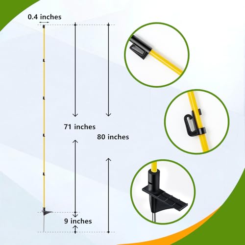 80 Inches Electric Fence Posts Fiberglass Step-in 20 Pack, Temporary Fence Stakes with Adjustable Clips for Livestock, Garden, Farm Protection