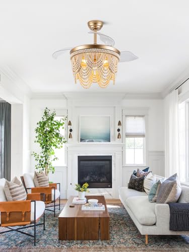 42“ Boho Fandalier Ceiling Fan with Light Retractable Ceiling Fan | Wood Beaded Chandelier Light for Bedroom Living Room, Coastal Fandelier, Reversible Quiet 6 Speeds 3 E26 Bulbs (Not Included) - color: Gold