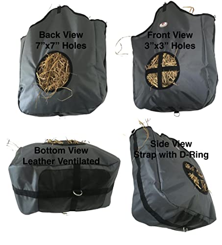 Majestic Ally Nylon Hay Feeder Tote Bag for Horse, Goat, Sheep - Double Sides Open Feed Hole with Faux Leather Ventilated Bottom- Premium Quality -Simulates Grazing - Reduces Waste (Dark Gray) - color: Dark Gray