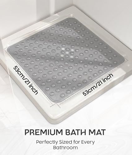 ADOV Square Shower Mat Non Slip, 21 x 21 in Bathtub Mat with 164 Strong Suction Cups, Drain Holes, Machine Washable, Soft Anti-Slip Bathroom Mat for Inside Shower, Tub and Shower Stall - Gray - color: Gray