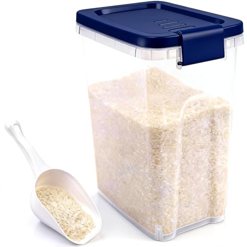 Tight-Lock Rice Container 10-15 Lbs, Airtight Flour Container Dry Food Bin | Plastic Food Container with Scoop, Dry Food Storage Bin Dispenser for Cereal, Sugar, Kitchen, Pantry Organizers and Storage - color: Dark Blue