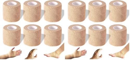 Self Adhesive Bandage Wrap, 2 inches x 5 Yards, 12 Pack, Self Adhering Bandage Wrap, Self Adherent Cohesive Wrap Bandages for Sports, Bandage Wrap for Sports, First Aid Tape - size: 2 Inch (Pack of 2)