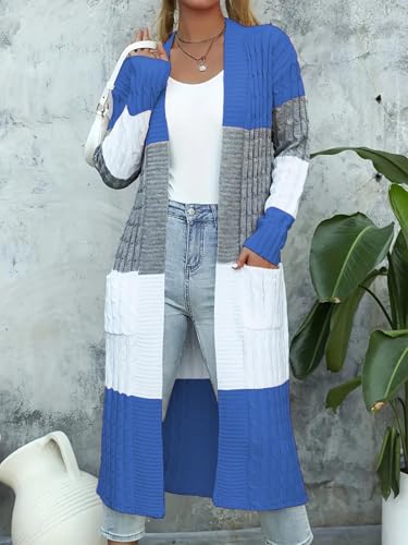 Womens Color Block Cardigan Sweater Long Duster Open Front Sweater in Chunky Cable Knit Plus Size Cardigan - color: 02-blue, size: Small