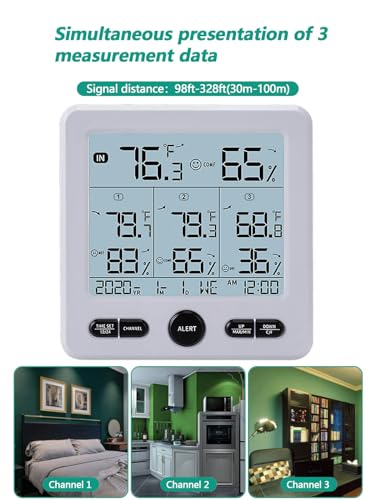 Timloon Indoor Outdoor Digital Thermometer Hygrometer with 3 Wireless Sensors, 4.7 Inch Display Temperature Humidity Monitor with 330FT Range Remote Sensor, Backlight, Time for Home, Office, School