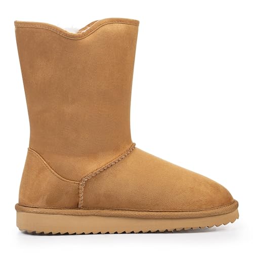 KRABOR Womens Suede Snow Boots Mid-Calf Winter Shoes with Side Bows | Cozy Lining,Fuzzy,Cute,Comfy,Warm,Non-Slip - color: Brown-1, size: 7