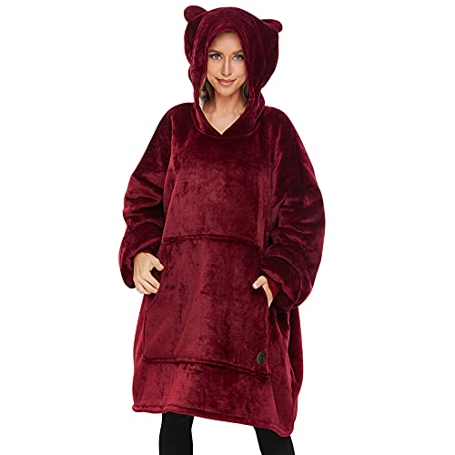 THREE POODLE Wearable Blanket Hoodie for Women, Oversized Sherpa Sweatshirt Blanket for Adults Men, Cozy Burgundy Hooded Blankets, Gifts for Teen Girls Women Mom Sister - color: Burgundy, size: Adult