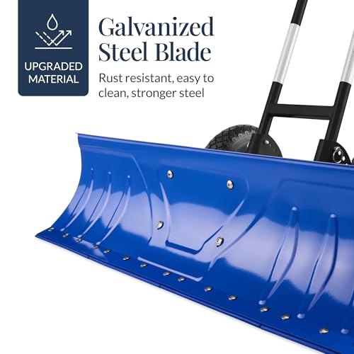 Best Choice Products 36in Galvanized Blade Heavy-Duty 2-Wheel Snow Pusher Hand Plow for Snow Removal w/Wheels, Adjustable Handle, Blade Angle - Blue - color: Blue, size: 36in w/Wheels