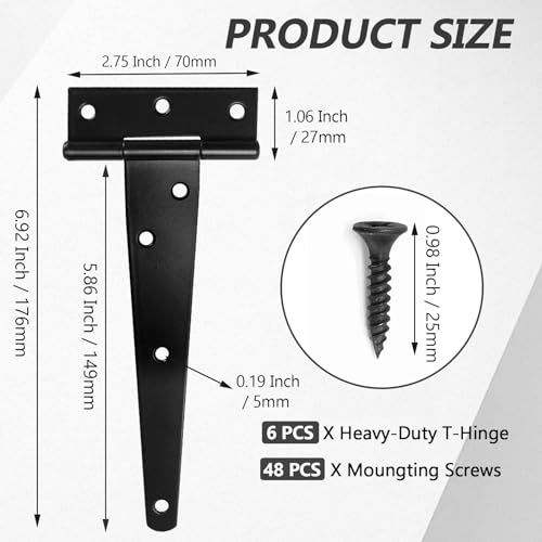 Murtenze Heavy Duty T-Strap Hinge, Black, 6 Inch, 6 pcs | Shed Door Hinges, Gate Hinges, Tee Hinge Wrought Hardware, For Wooden Fences Yard, Rustproof - color: Black, size: 6 Inch - 6Pack