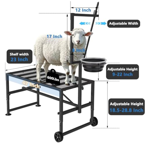 Upgraded Goat Stand with Wheels & Feed Bin, Adjustable Headpiece | Goat Milking Stand for Sheep Trimming and Milking, Hoof Trimming Stand Adjustable Size, with Feeder, Iron Black - color: Black, size: L - 47 inch (with Wheel)