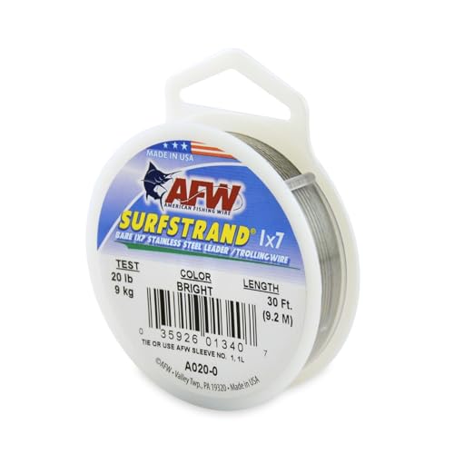 American Fishing Wire Surfstrand Bare 1x7 Stainless Steel Leader Wire - Fishing Leader Line for Saltwater, 20lb Test - 325lb Test in Bright, Camo in 30ft, 300ft, 600ft and 1,000ft Lengths - color: Bright, size: 20 lb / 30 ft