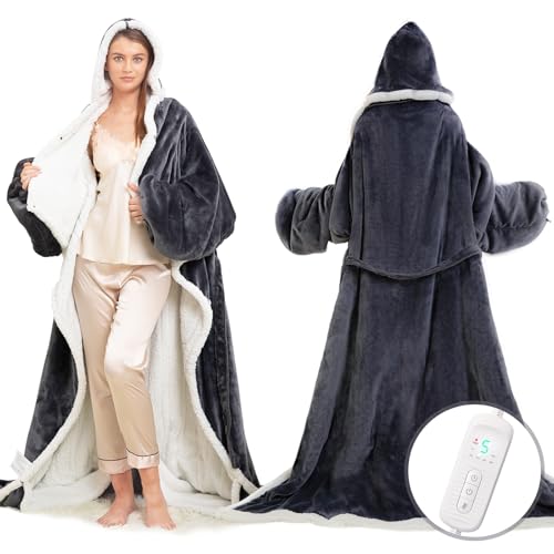 Wearable Heated Blanket with Foot Pocket, Electric Wearable Throw Blanket with Sleeves, Hood, Portable Heated Blanket with 8 Heat Settings, 1-10 Hours Auto Shut-off, Gift for Family, Friends, 50*70" - color: Grey