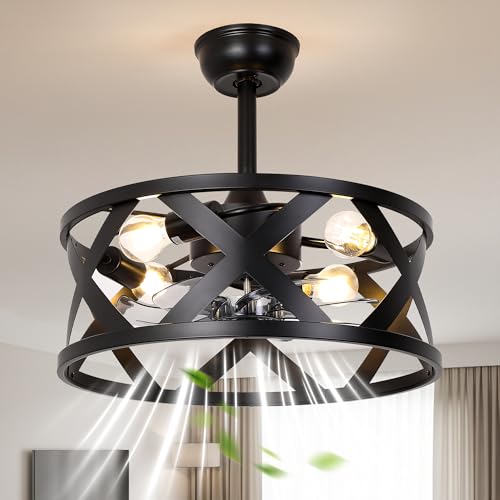 20" Black Caged Ceiling Fan with Lights Remote Modern Fandelier | Industrial Chandelier Light, Reversible DC Motor 6 Speeds for Bedroom Nursery Living Room, 4 E26 Bulbs (Not Included) - color: Black Metal Cage